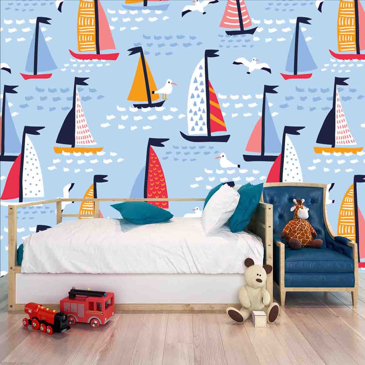 Boys Colorful Sailboat and Seagull Wallpaper Bedroom Mural