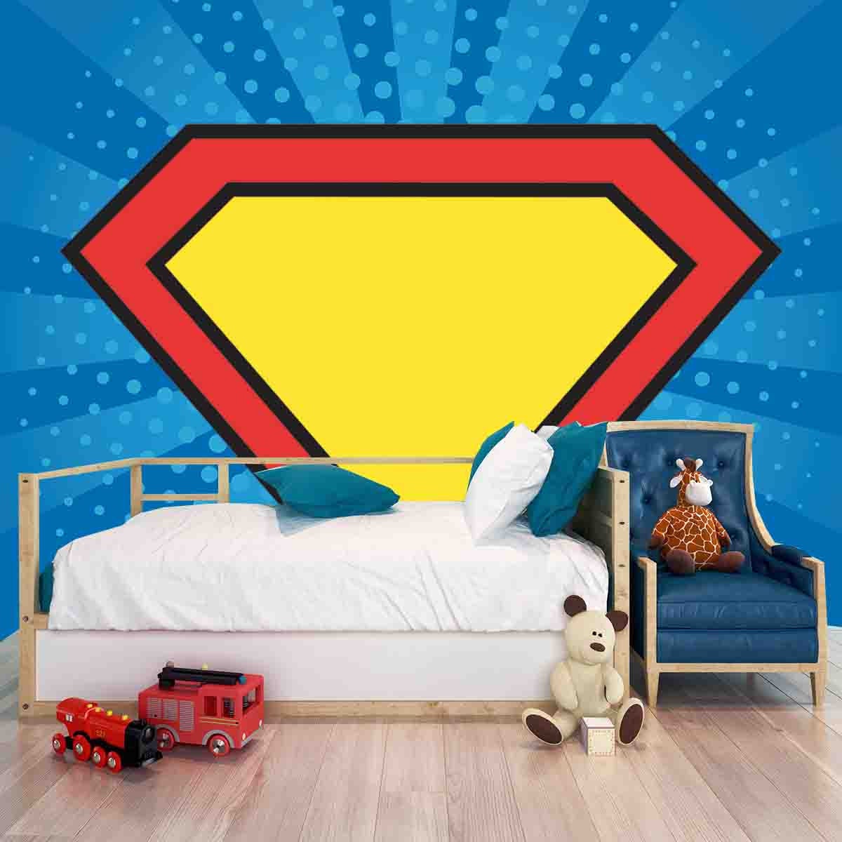 Boys Blue, Red and Yellow Superhero Sign Wallpaper Bedroom Mural