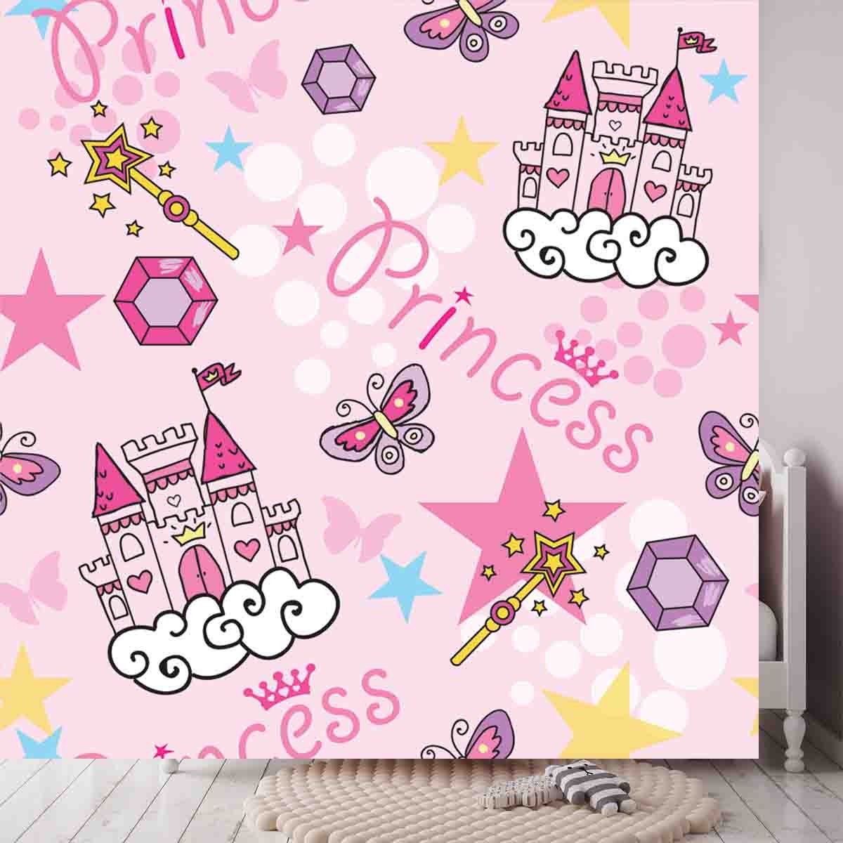 Girls Pink Castle, Wand, Jewels and Butterflies Wallpaper Bedroom Mural