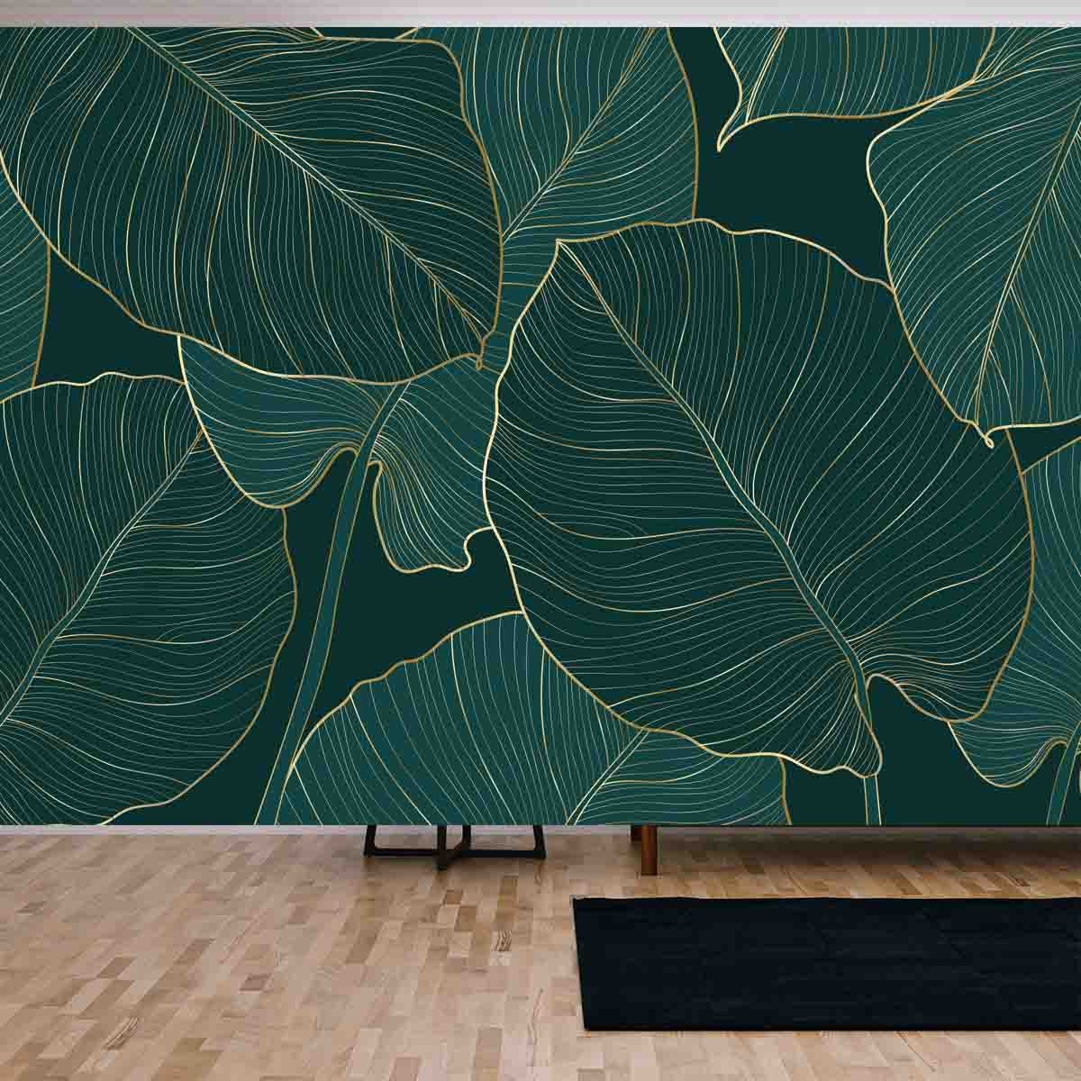 Luxury Gold and Nature Green Wallpaper Living Room Mural