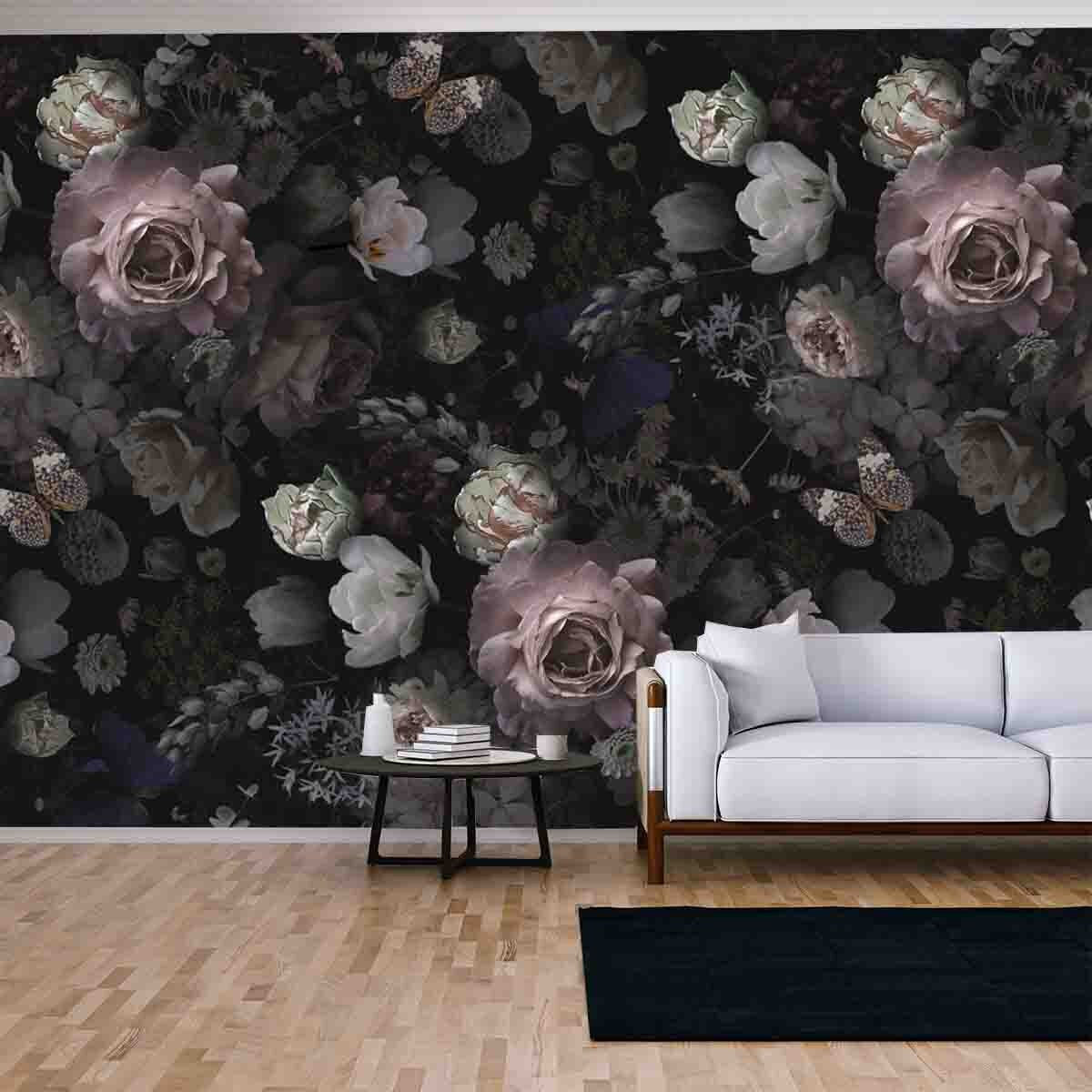 Vintage Black and Floral Wallpaper Living Room Mural