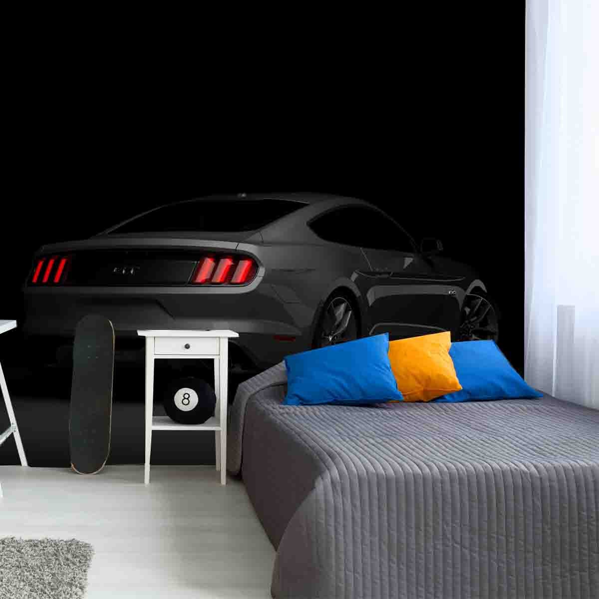 Ford Mustang V8 5.0L. Luxury Stylish Grey Car on Black Background Wallpaper Teen Bedroom Mural