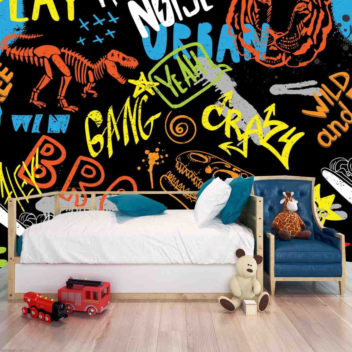 Hand Drawn Pattern for Boys. Slogans, Graffiti Background Wallpaper Boys Bedroom Mural