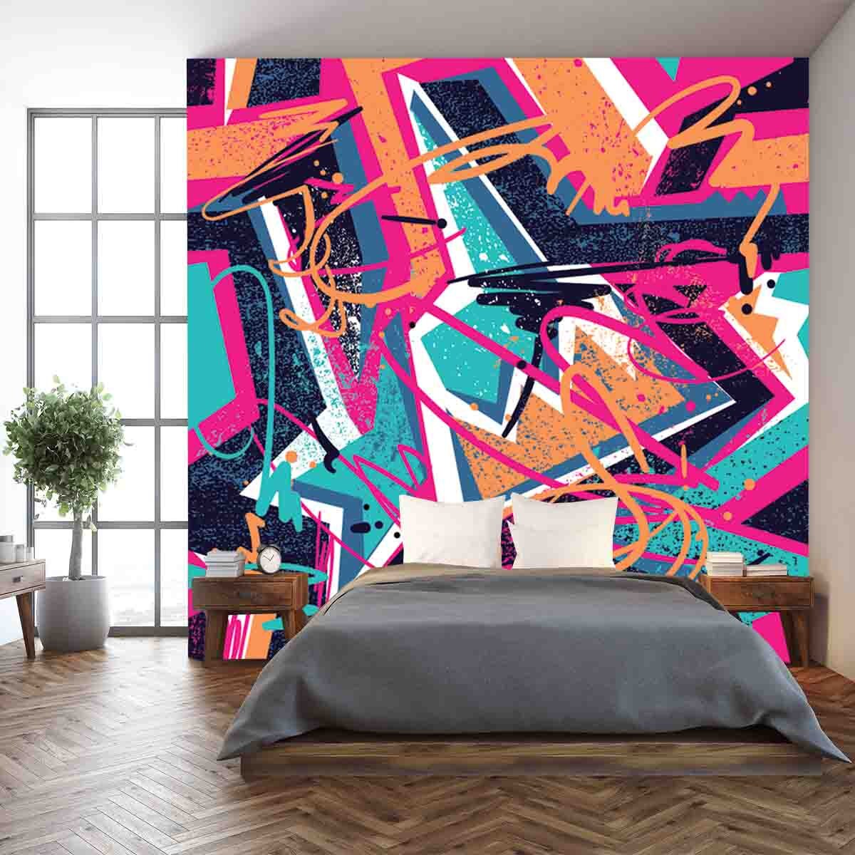Grunge geometric Repeats Backdrop. Graffiti Style Ornament Wallpaper Bedroom Mural
