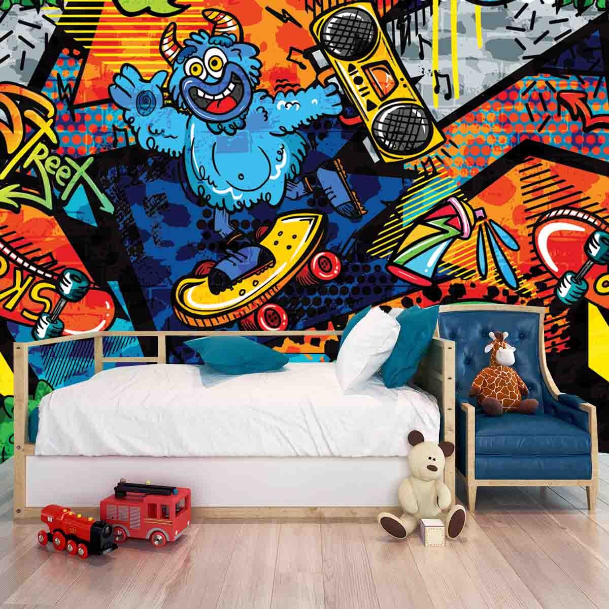 Abstract Bright Graffiti Pattern with Dino, Monsters, Bricks, Paint Drips, Words in Graffiti Style Wallpaper Boys Bedroom Mural