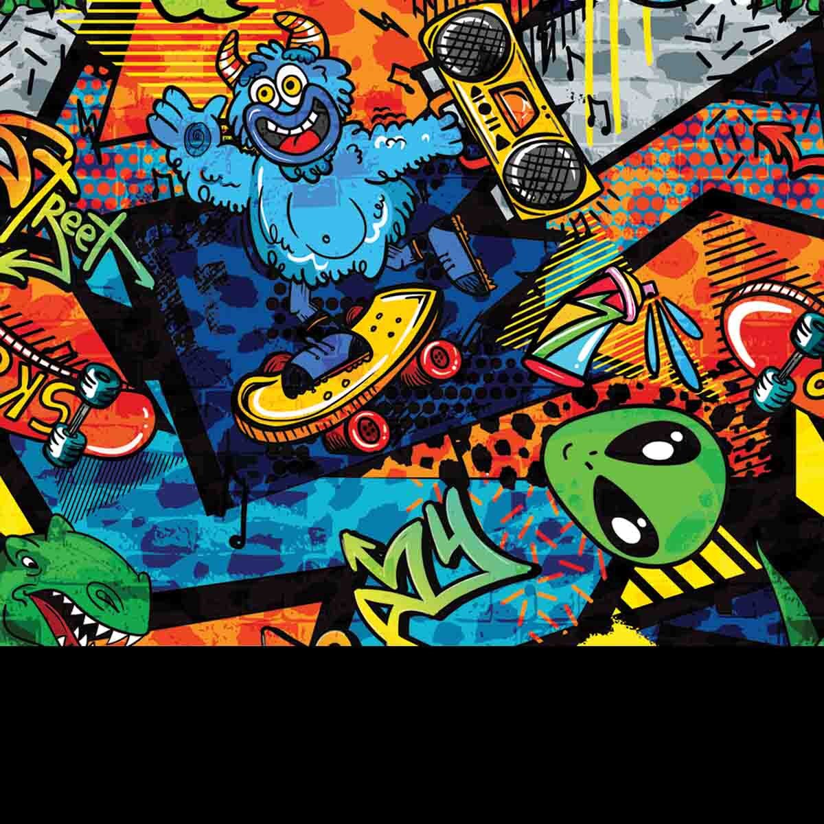 Abstract Bright Graffiti Pattern with Dino, Monsters, Bricks, Paint Drips, Words in Graffiti Style Wallpaper Boys Bedroom Mural