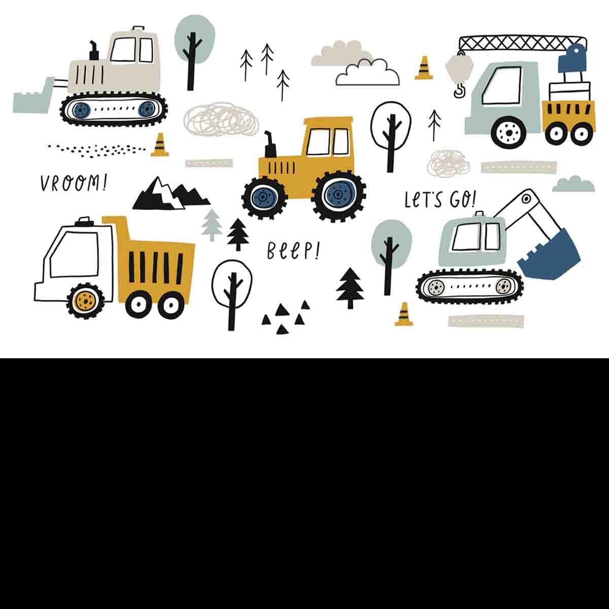 Hand Drawn Cute Cars - Truck, Tractor, Cargo Crane, Bulldozer, Excavator Wallpaper Nursery Mural