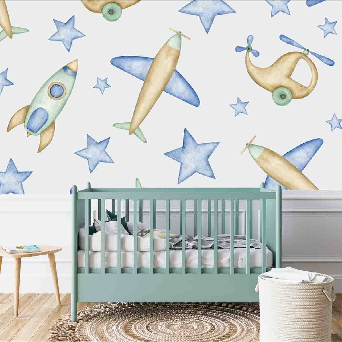 Air Transport Baby Boy Watercolor Seamless Pattern. Hand Drawn Wooden Toys Wallpaper Nursery Mural