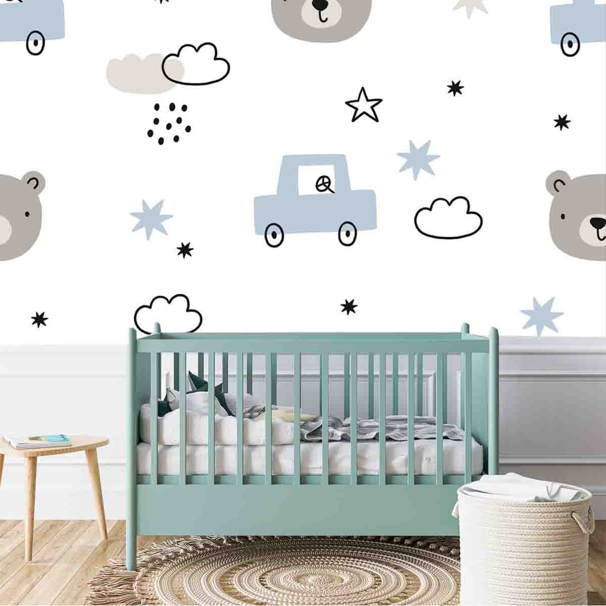 Cute Little Bear and Car - Vector Illustrations in Boho Style Wallpaper Nursery Mural