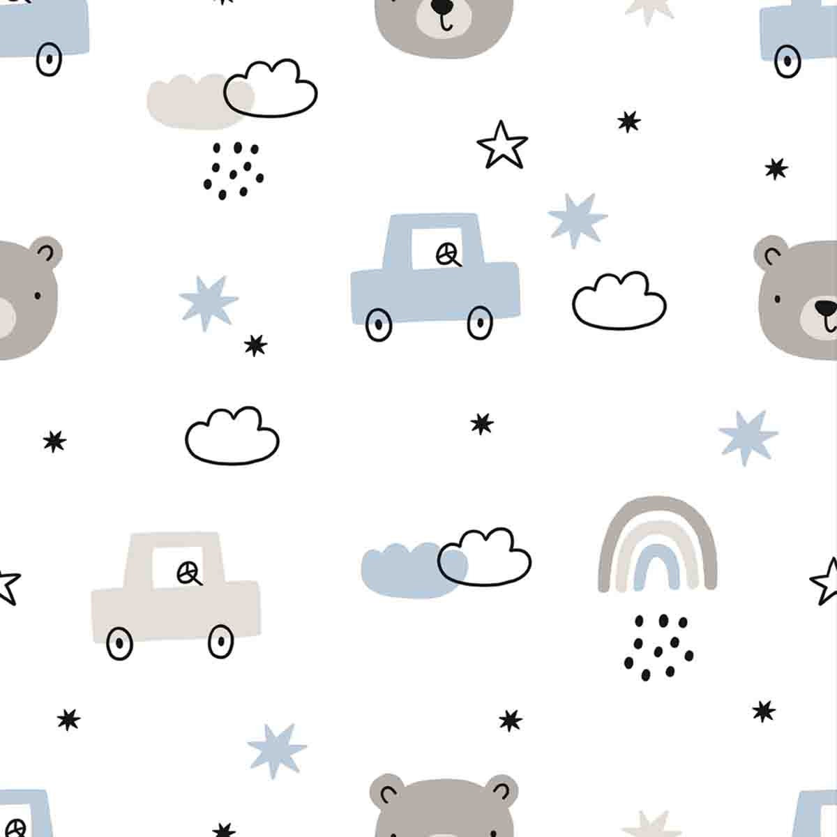 Cute Little Bear and Car - Vector Illustrations in Boho Style Wallpaper Nursery Mural