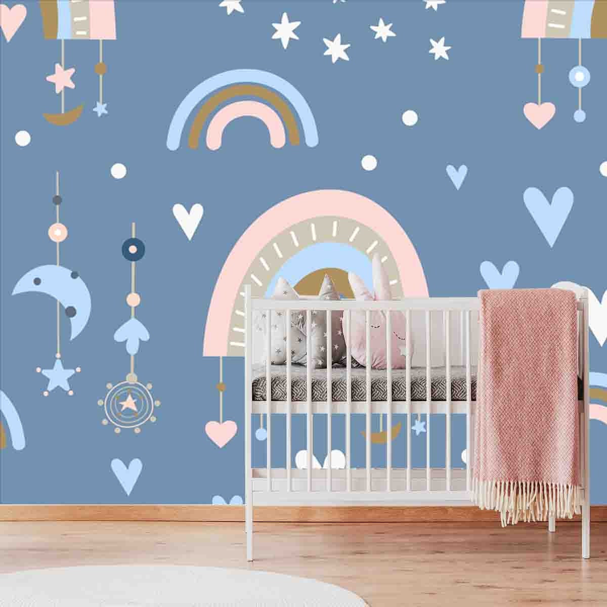 Seamless Pattern in Boho Style with Rainbows, Hearts, Stars. Kids Illustration for Nursery Design Wallpaper Girl Nursery Mural