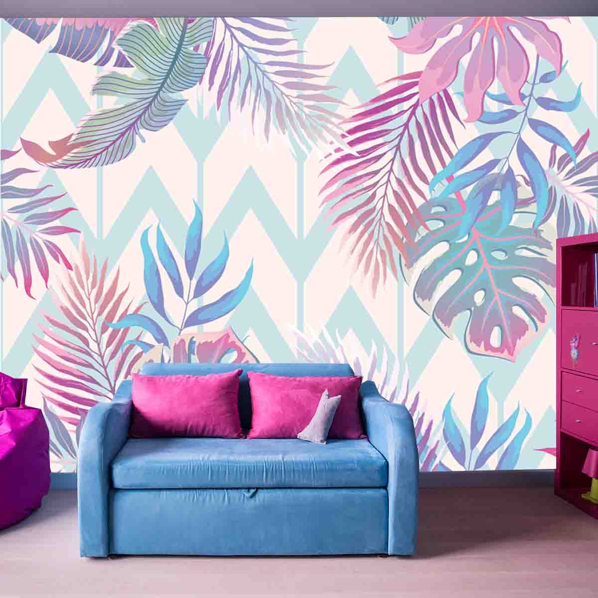 Exotic Purple and Blue Flowers and Leaves on Pastel Background Wallpaper Girl Bedroom Mural