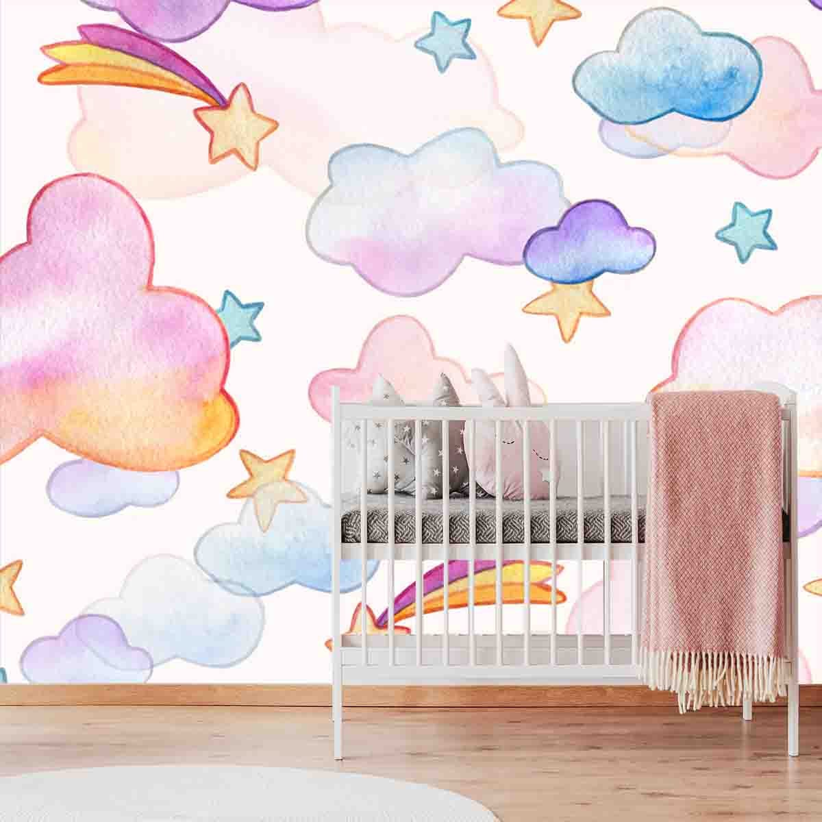 Gentle Watercolor Pastel Seamless Pattern with Sky, Rainbow Clouds and Shooting Stars Wallpaper Girl Nursery Mural