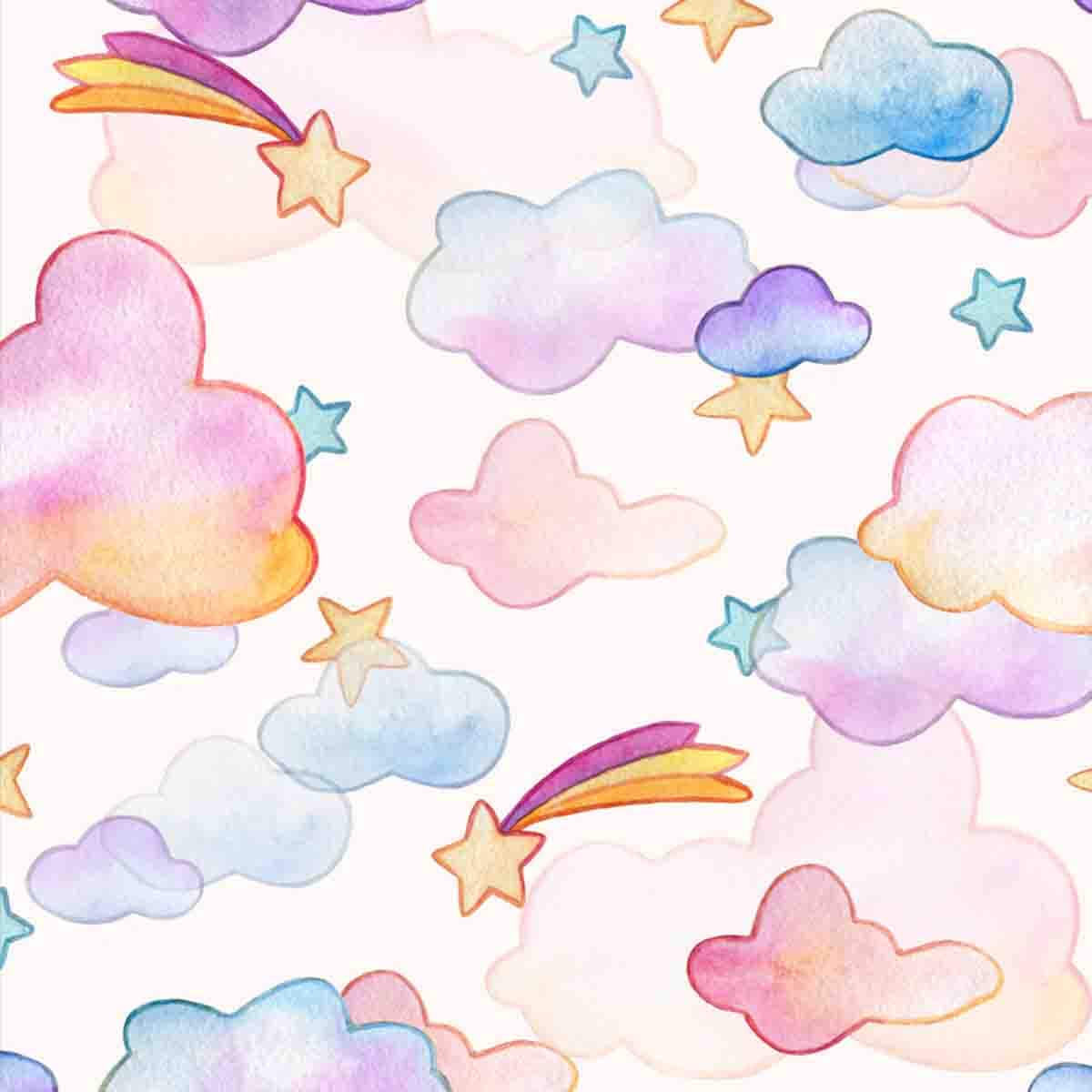 Gentle Watercolor Pastel Seamless Pattern with Sky, Rainbow Clouds and Shooting Stars Wallpaper Girl Nursery Mural