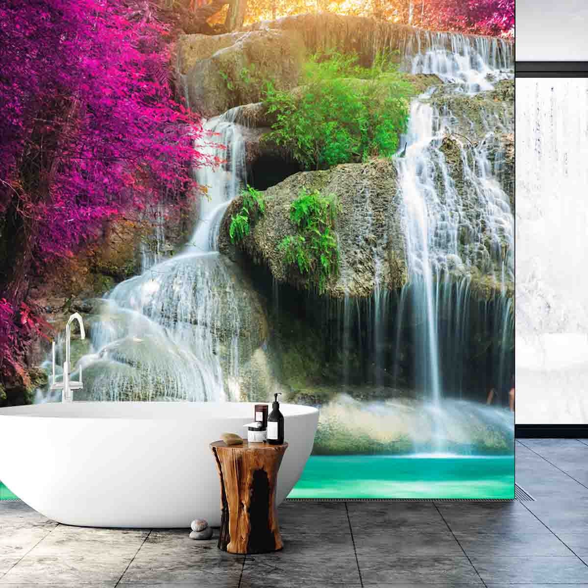 Waterfall in Autumn Forest with Beautiful Colors Wallpaper Bathroom Mural