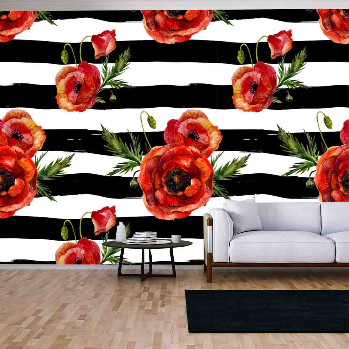 Retro Seamless Floral Pattern with Vintage Red Poppy Flower on Black Brush Stripes Background Wallpaper Living Room Mural