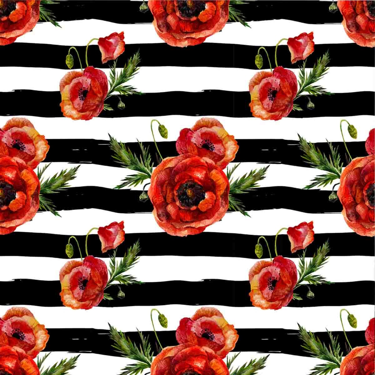 Retro Seamless Floral Pattern with Vintage Red Poppy Flower on Black Brush Stripes Background Wallpaper Living Room Mural
