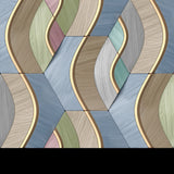 3d Illustration. Geometric Seamless 3D Pattern in Colors Wood Fragments with Golden Elements Wallpaper Bathroom Mural
