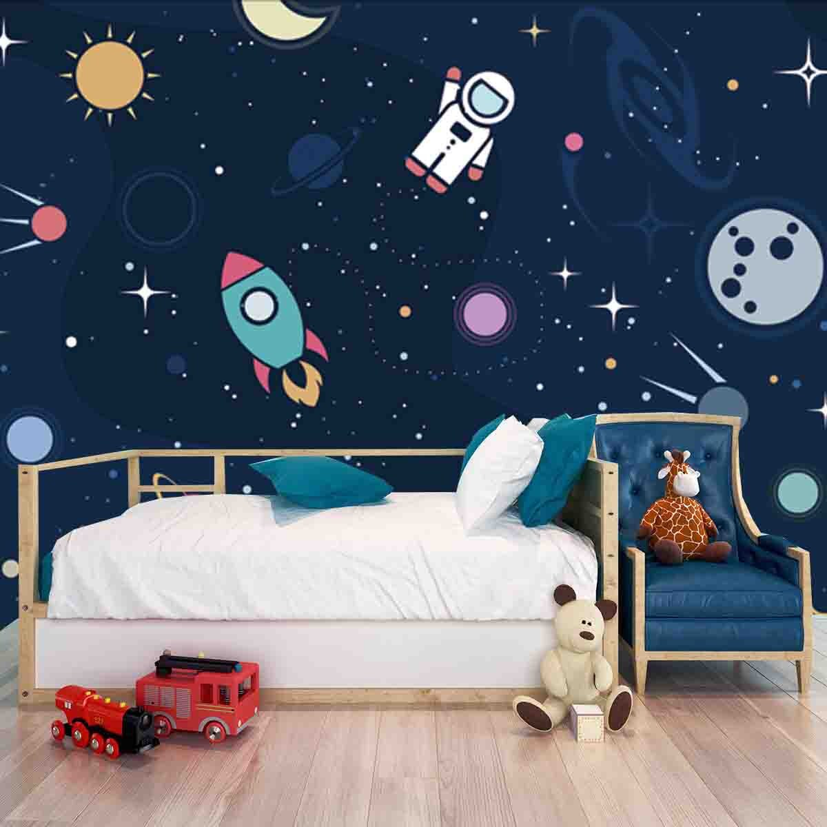 Astronaut, Spaceship, Rocket, Moon, Black Hole, Stars in Outer Space Wallpaper Little Boy Bedroom Mural