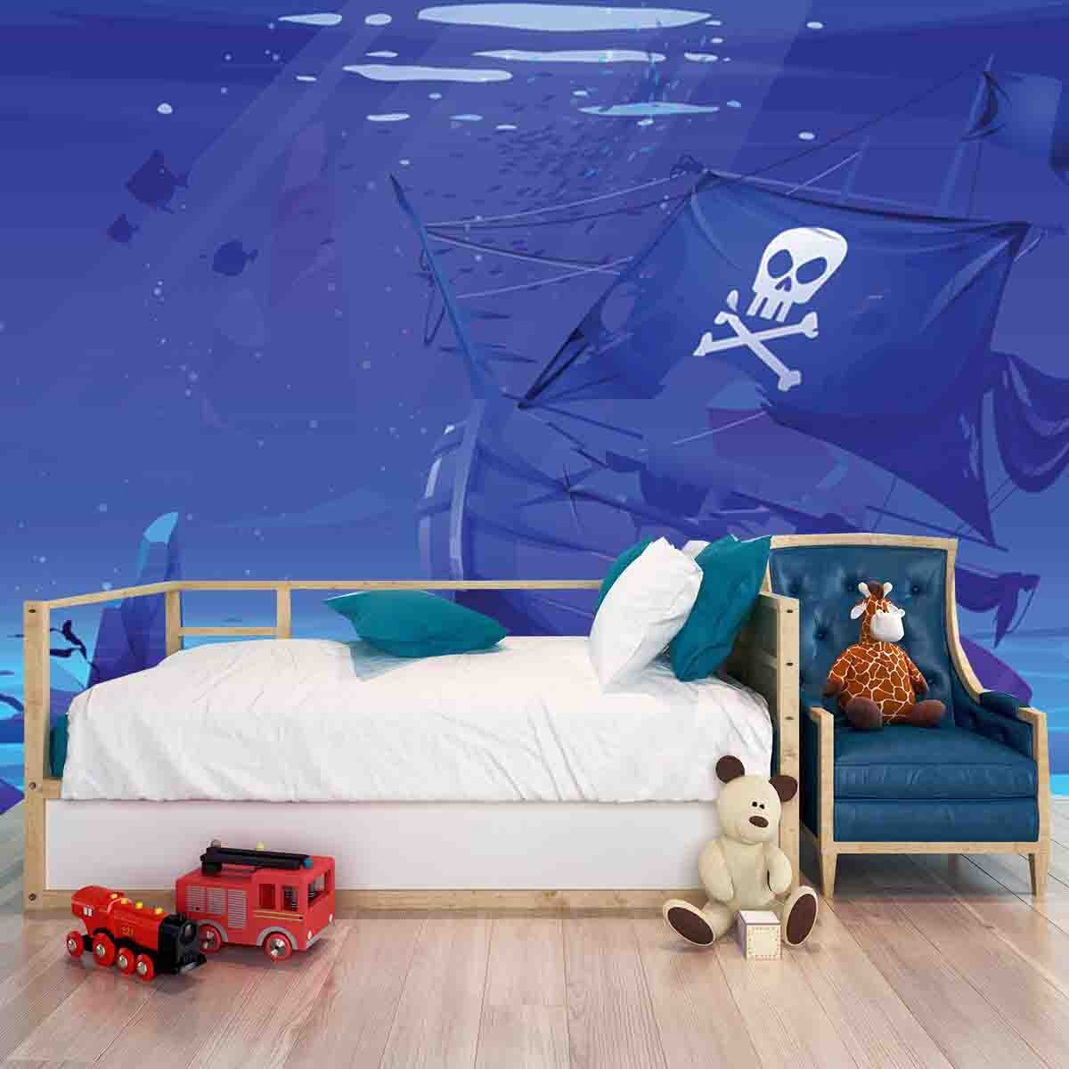 Underwater Sunken Pirate Ship with Jolly Roger Flag Wallpaper Little Boy Bedroom Mural