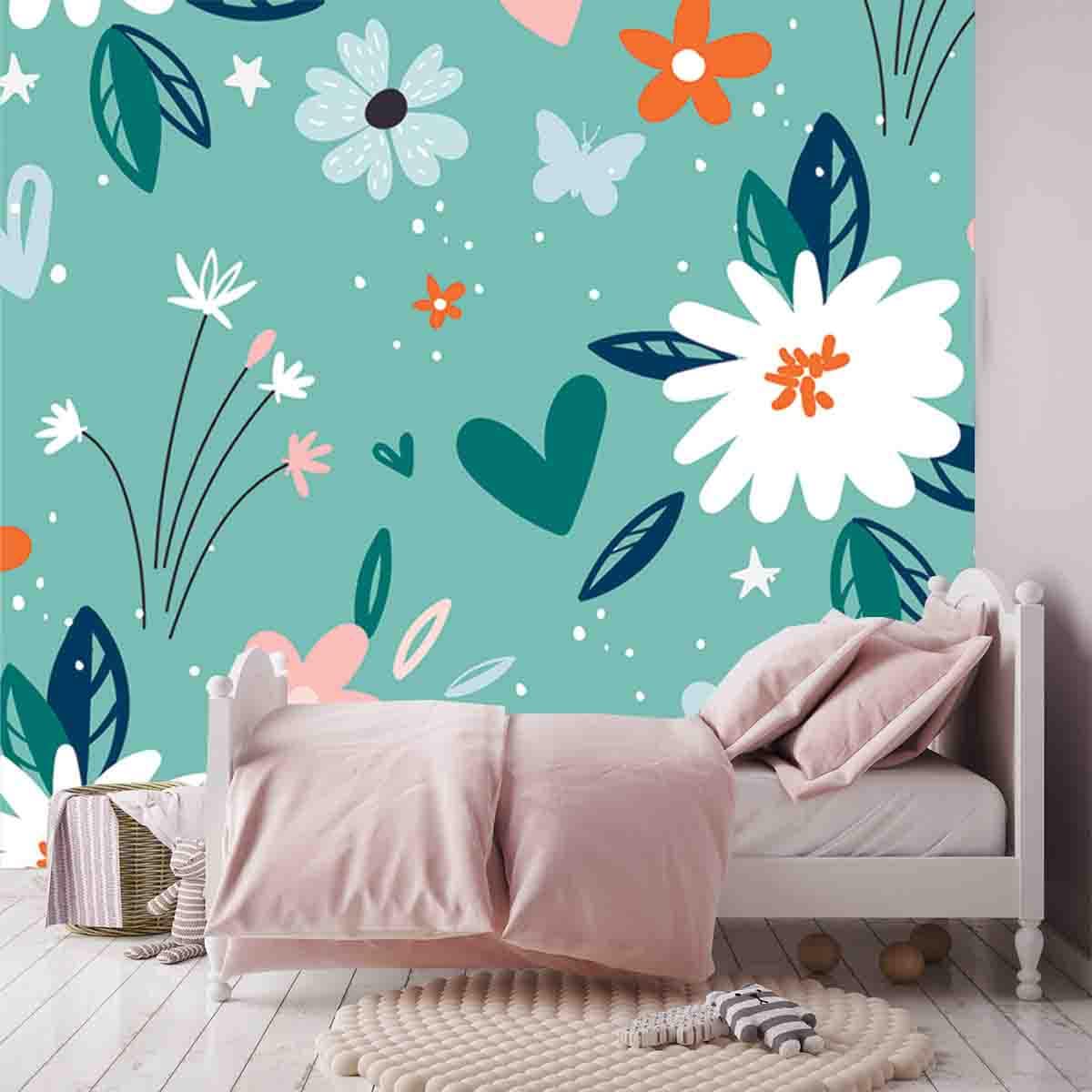 Garden Flower, Plants, Botanical on Green Mint Background Wallpaper Girl Bedroom Mural