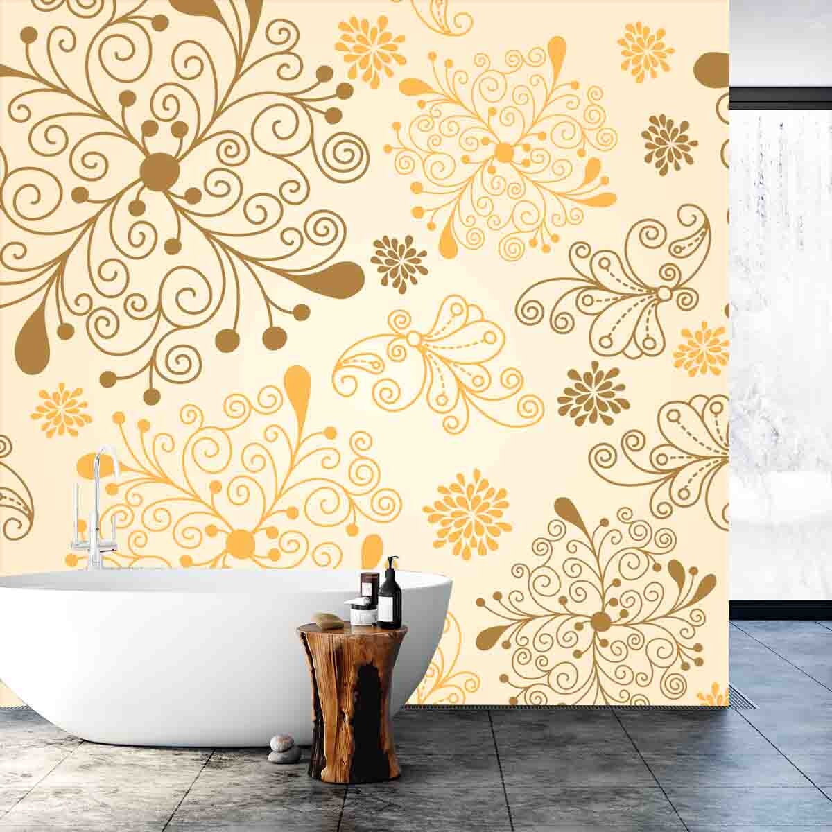 Gold and Yellow Floral Pattern Wallpaper Bathroom Mural