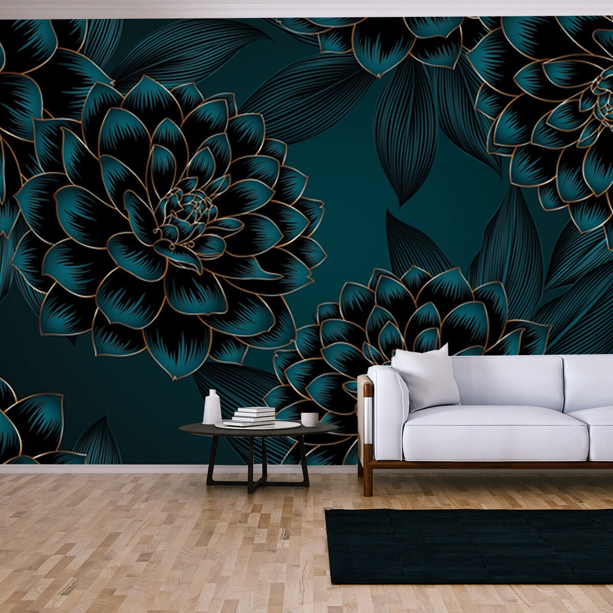 Luxurious Vintage Seamless Pattern with Golden Flowers Dahlia and Leaves Wallpaper Living Room Mural