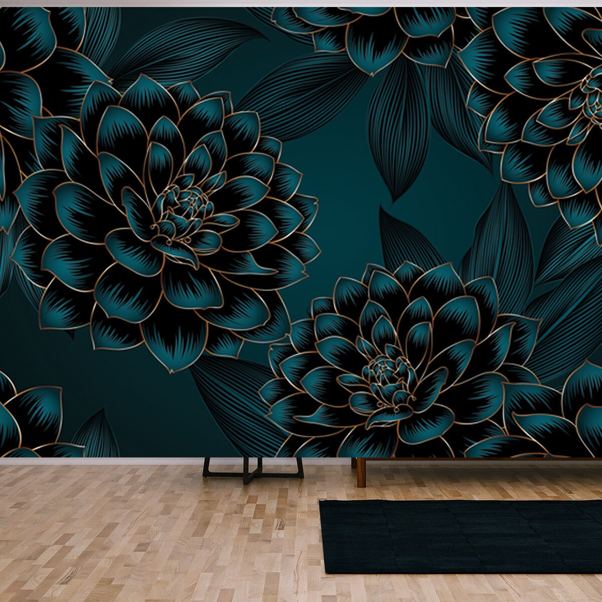 Luxurious Vintage Seamless Pattern with Golden Flowers Dahlia and Leaves Wallpaper Living Room Mural