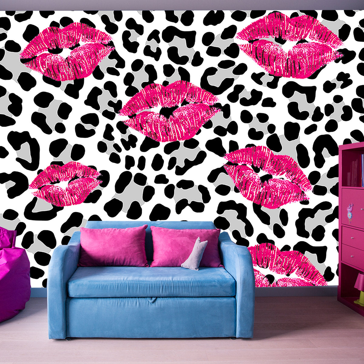 Black and Gray Leopard Print with Pink Kisses Wallpaper Teen Girl Bedroom Mural