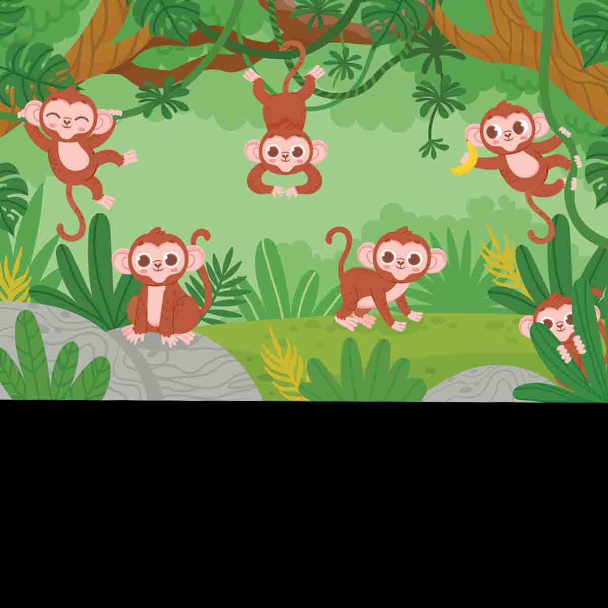 Cute Monkeys Hanging on Lianas Trees in Jungle Forest Wallpaper Nursery Mural