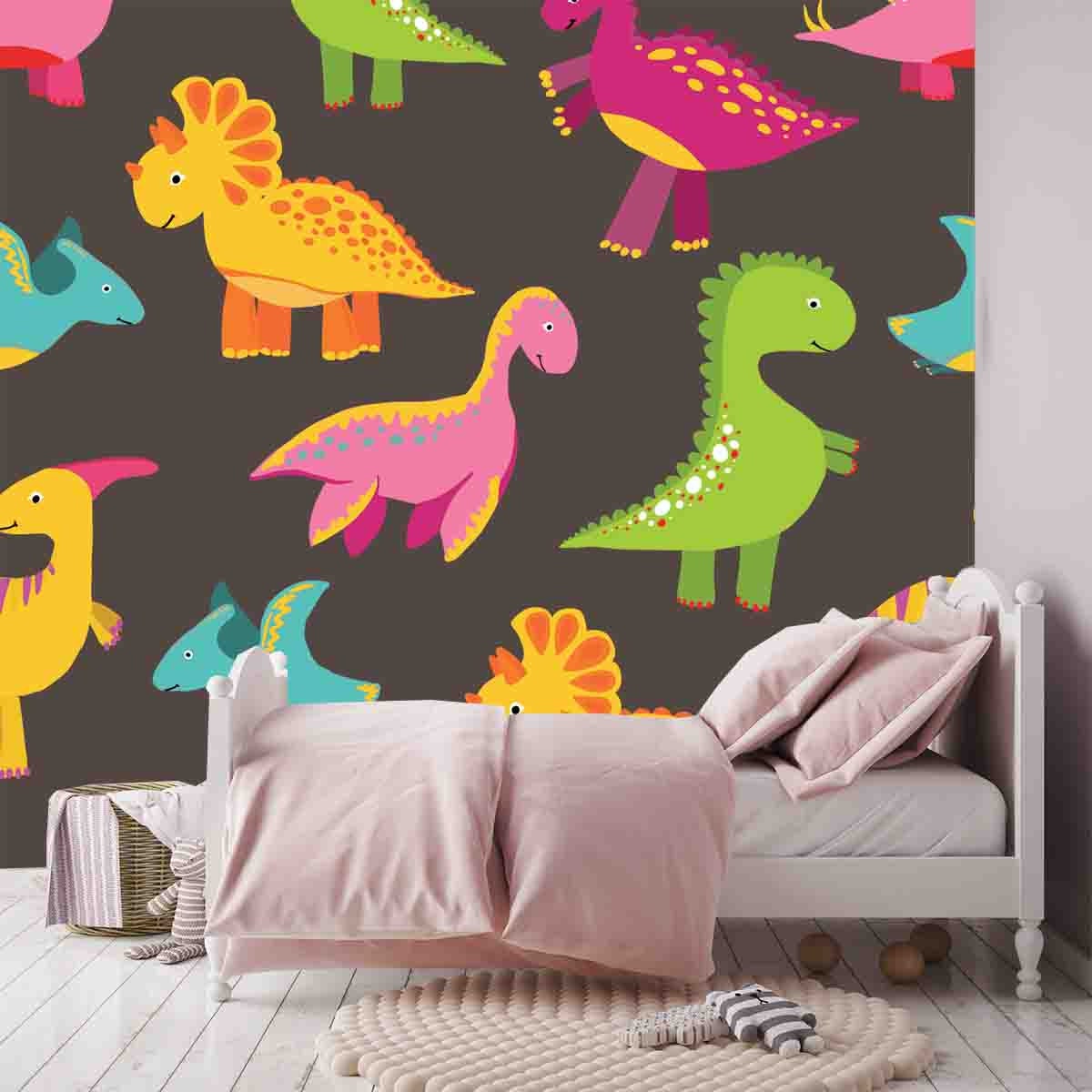 Colorful Cartoon Dinosaurs of Different Types Wallpaper Little Girl Bedroom Mural