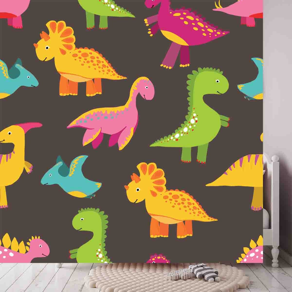 Colorful Cartoon Dinosaurs of Different Types Wallpaper Little Girl Bedroom Mural
