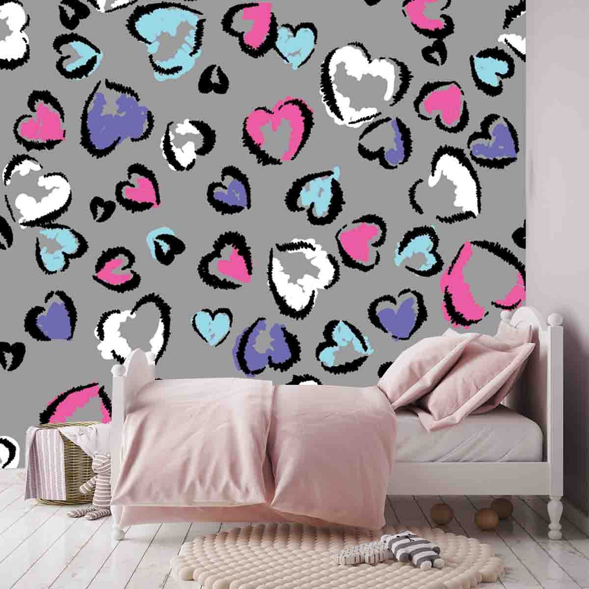 Abstract Seamless Chaotic Leopard Print with Hearts Elements Wallpaper Girls Bedroom Mural