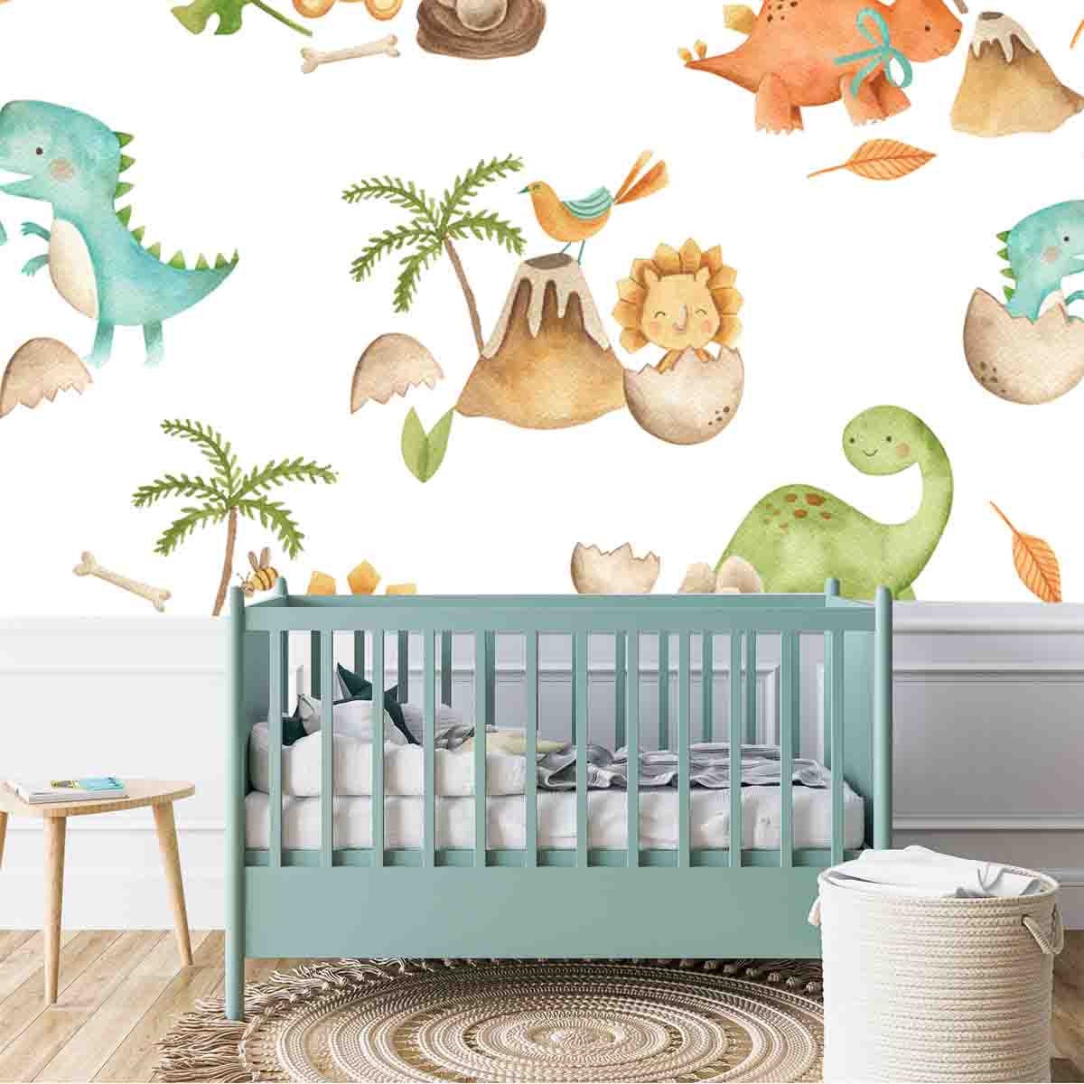 Cute Baby Dinosaurs Watercolor Illustration Wallpaper Boy Nursery Mural