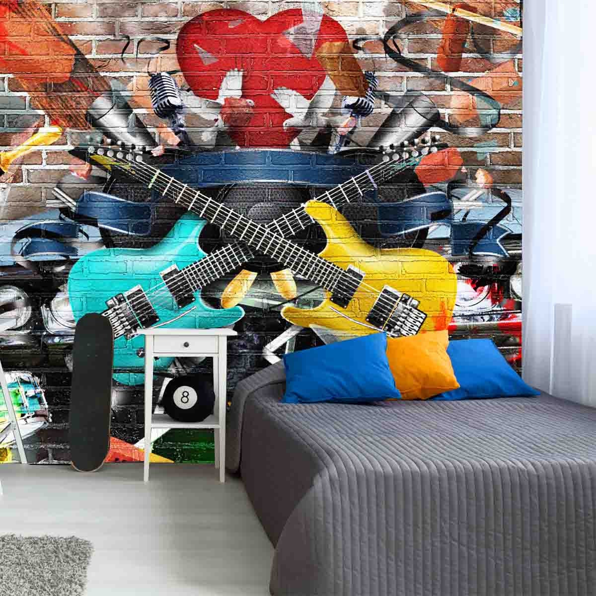 Collage of Music, Color and Bright Musical Background Wallpaper Teen Boy Bedroom Mural
