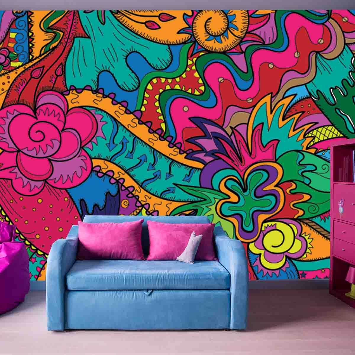 Colorful and Bright Abstract Drawing Art Wallpaper Teen Girl Bedroom Mural