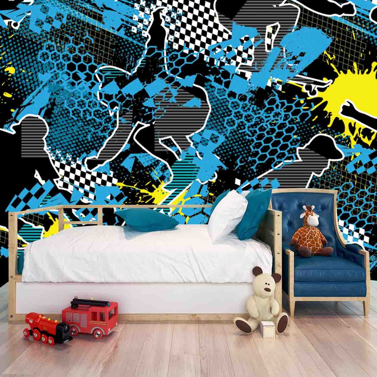 Skateboards Seamless Grunge Pattern with Boys on Skateboards Wallpaper Boys Bedroom Mural