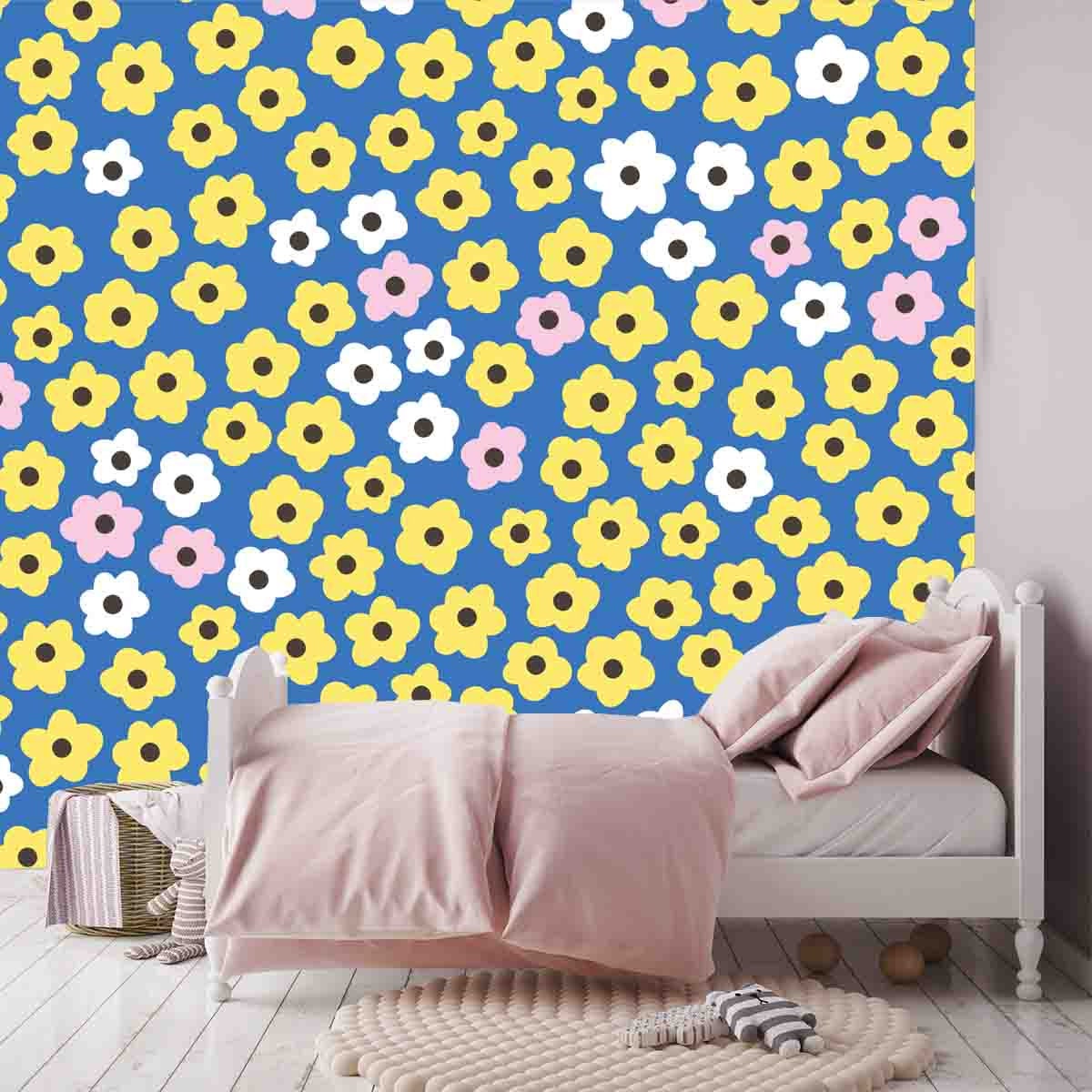 Cute Retro Daisy Flowers on Blue Background Wallpaper Little Girl Bedroom Mural