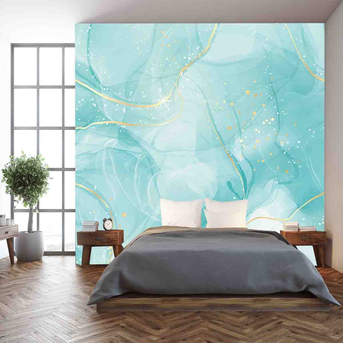 Pastel Cyan Mint Liquid Marble Watercolor Background with White Lines and Brush Stains Wallpaper Bedroom Mural