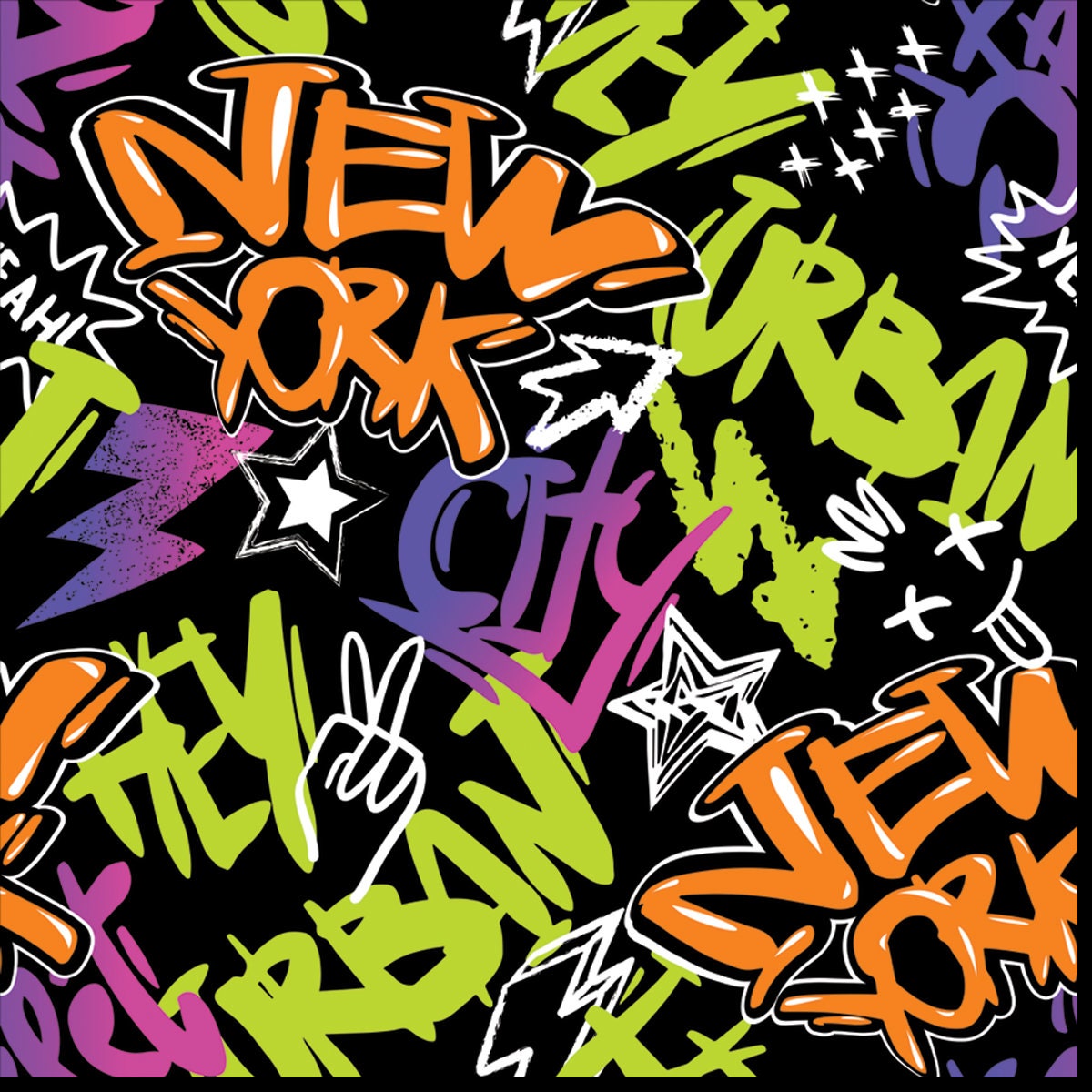Abstract Seamless Chaotic Pattern with Graffiti Words NEW YORK. Grunge Texture Background Wallpaper Boys Bedroom Mural
