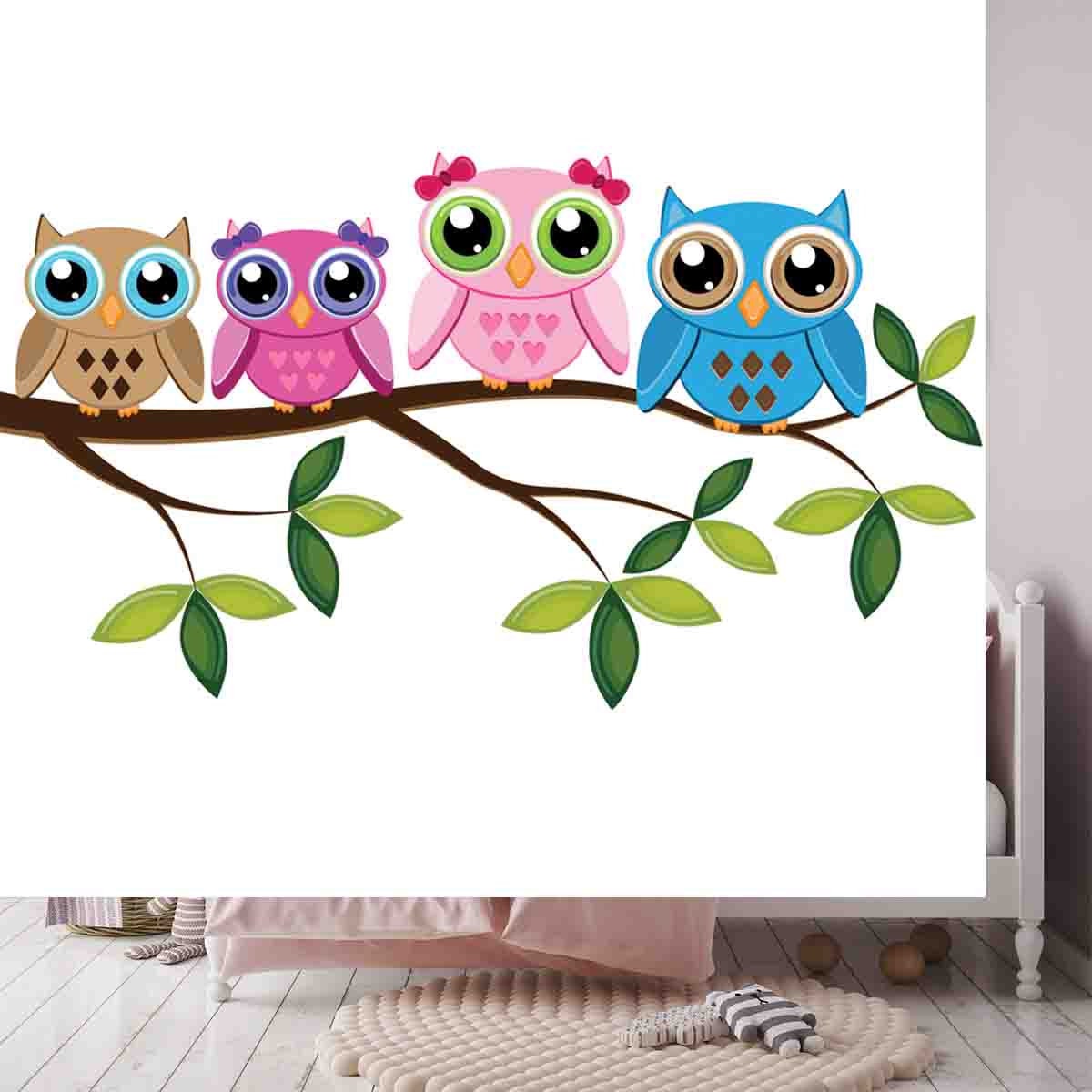 Four Colorful Owls Sitting on the Branch on a White Background Wallpaper Little Girl Bedroom Mural