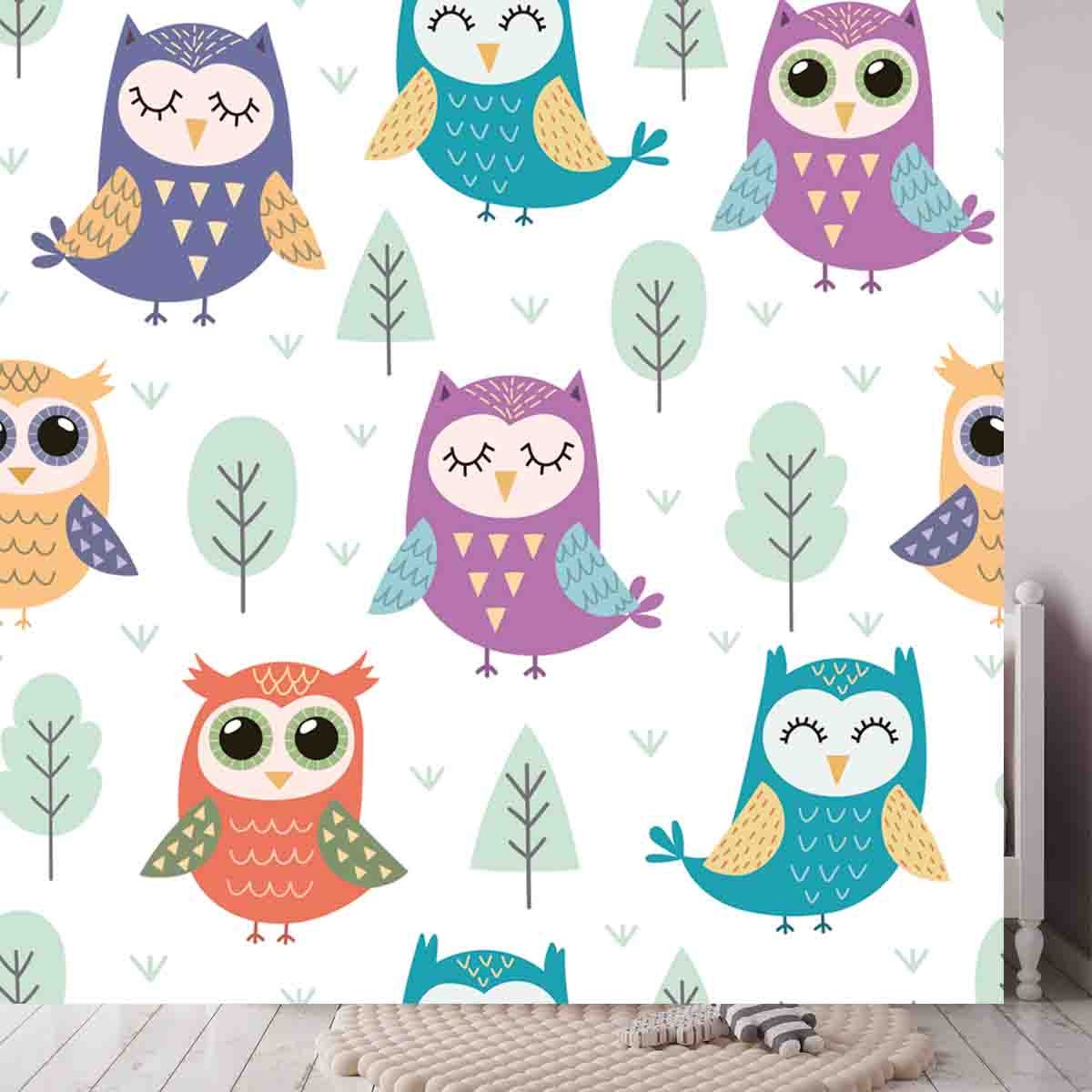 Cute Owls Seamless Pattern. Funny Forest Background Wallpaper Little Girl Bedroom Mural