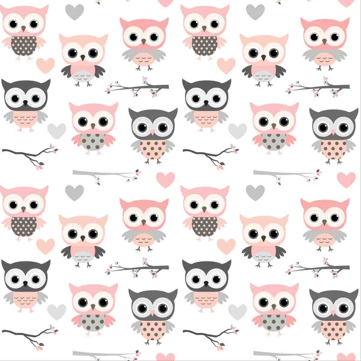 Cute Pattern with Cartoon Owls, Hearts and Branches in Pink and Grey Colors Wallpaper Girl Nursery Mural