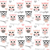 Cute Pattern with Cartoon Owls, Hearts and Branches in Pink and Grey Colors Wallpaper Girl Nursery Mural