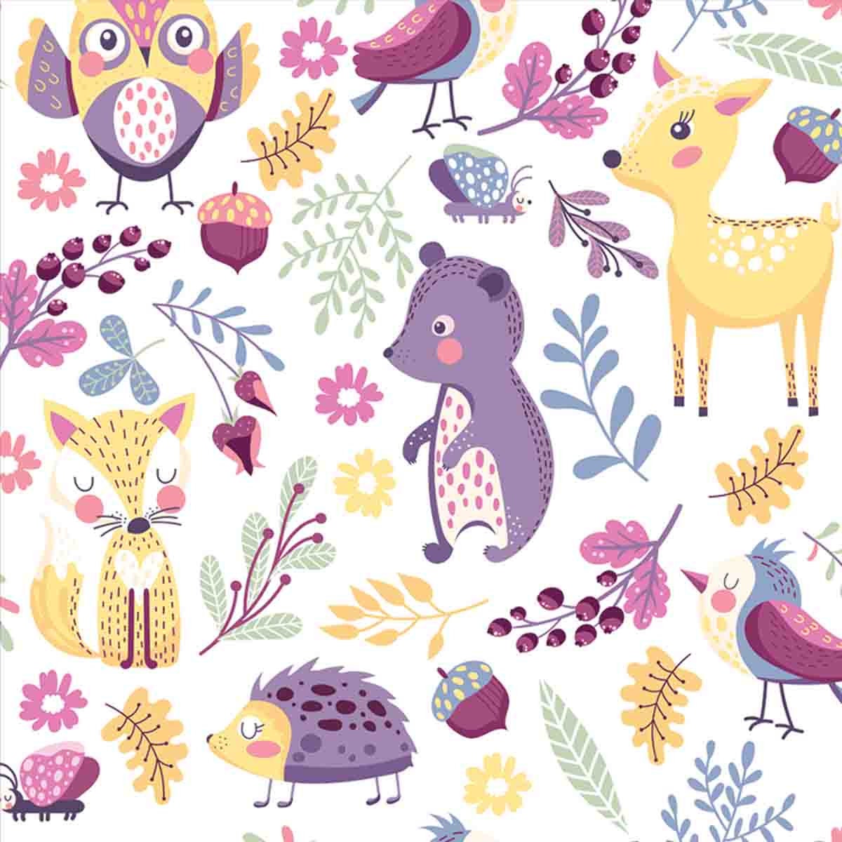 Walloverhaul Seamless Pattern with Cute Cartoon Forest Animals and Different Plants on White Background Wallpaper Little Girls Nursery Mural