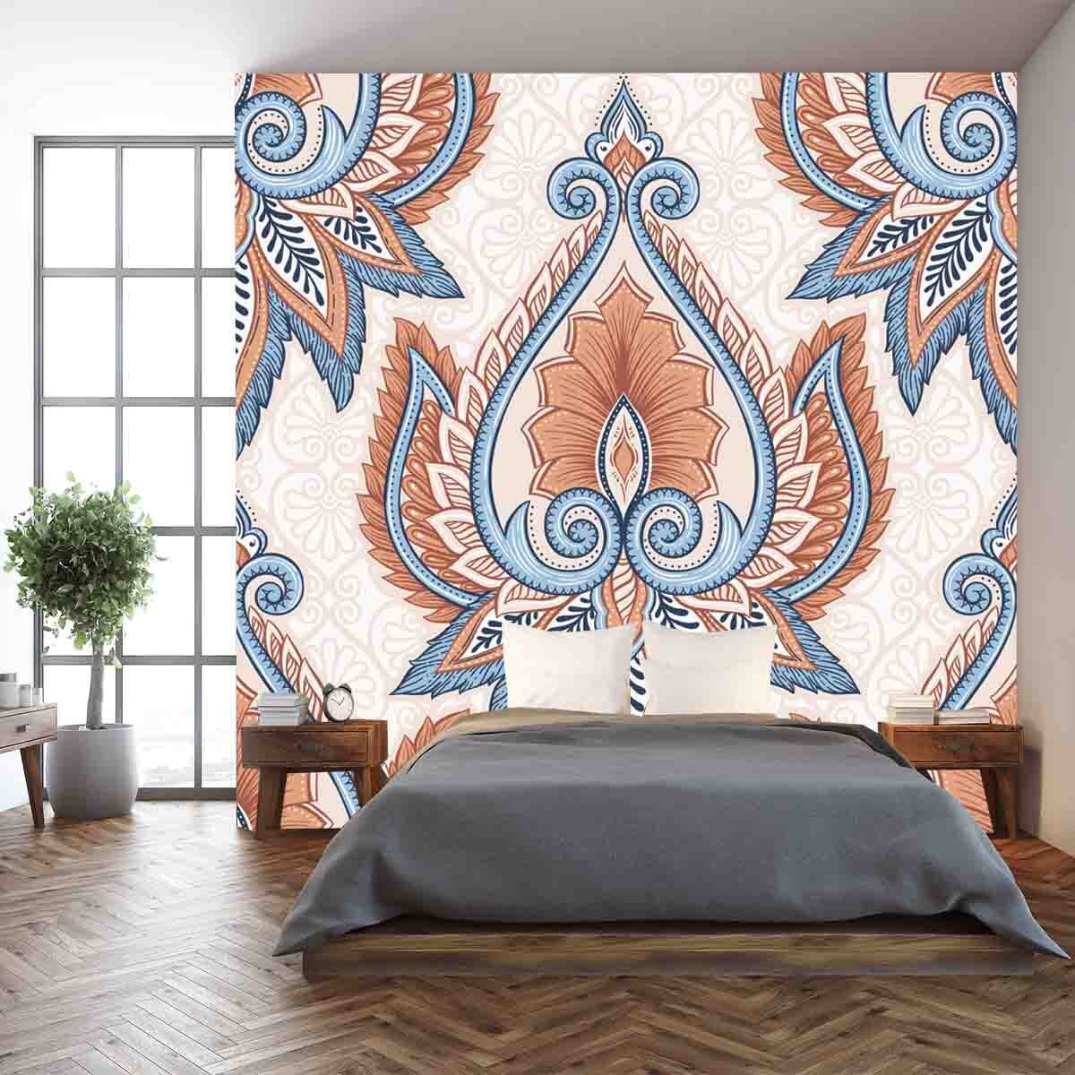 Ornamental Hand Drawn Ethnic Decorative Flower Seamless Pattern. Vintage Backdrop in Bohemian Style Wallpaper Bedroom Mural