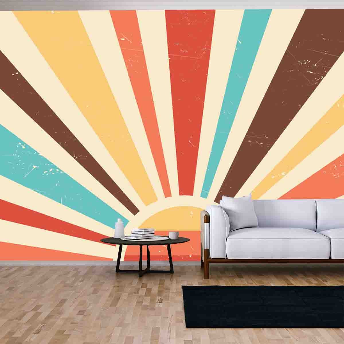 Vintage Sun Retro Banner Background. Colourful Grunge Sunburst Wallpaper Living Room Mural