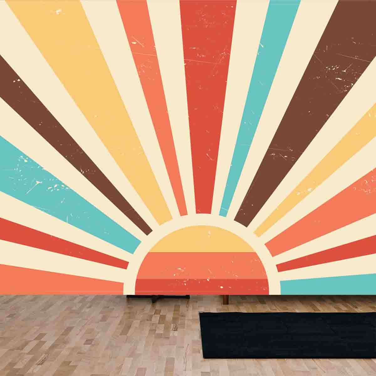 Vintage Sun Retro Banner Background. Colourful Grunge Sunburst Wallpaper Living Room Mural