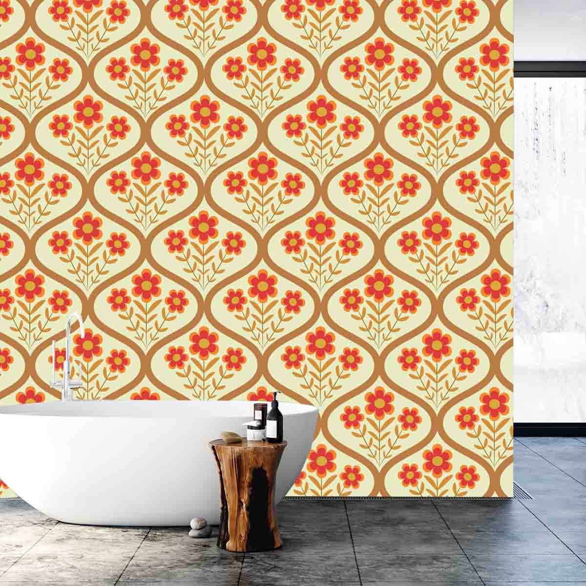 Beautiful Retro Vintage Red Flowers in Big Ogee Oval Shape Seamless Pattern Wallpaper Bathroom Mural