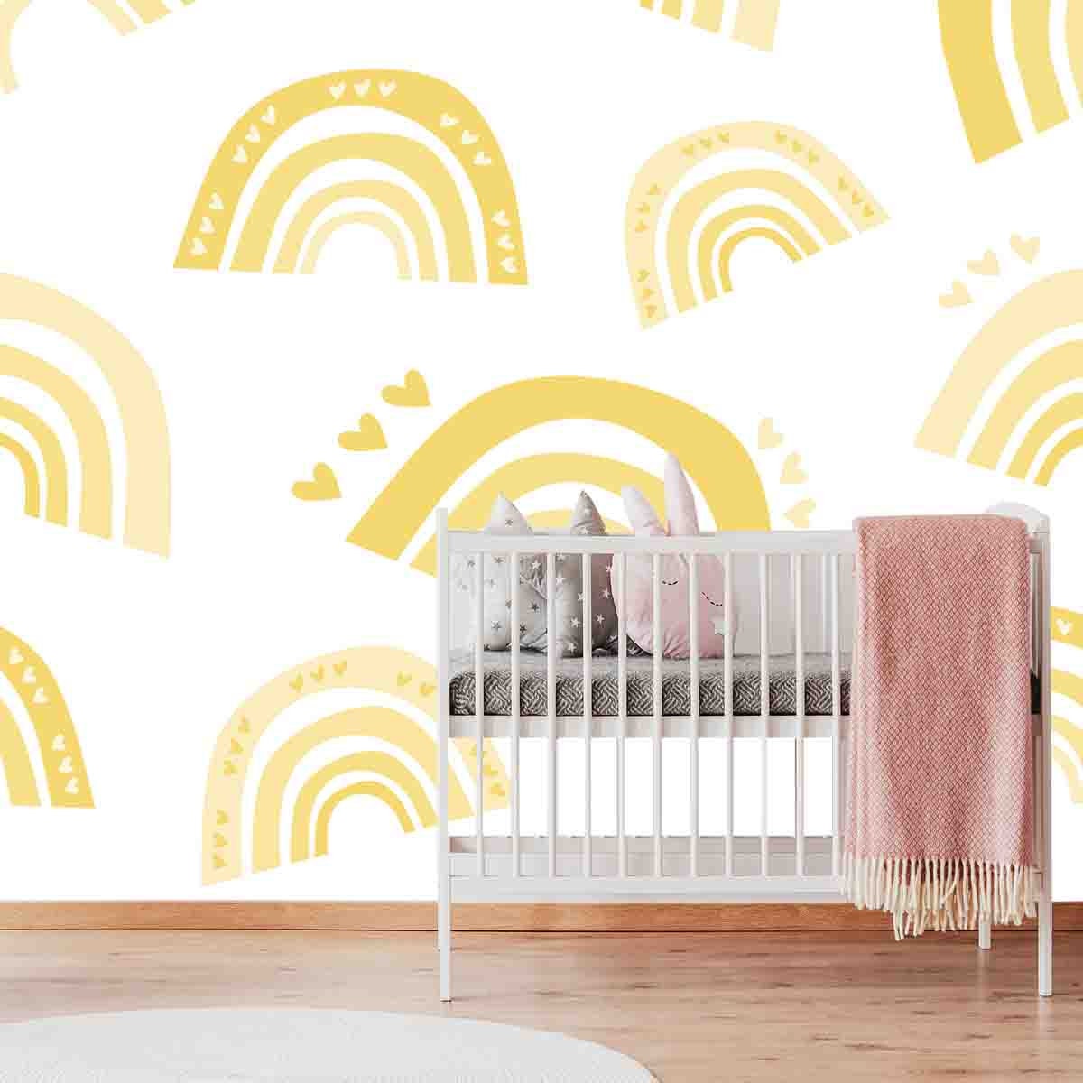 Summer Seamless Pattern of Yellow Rainbows with Hearts Wallpaper Girl Nursery Mural